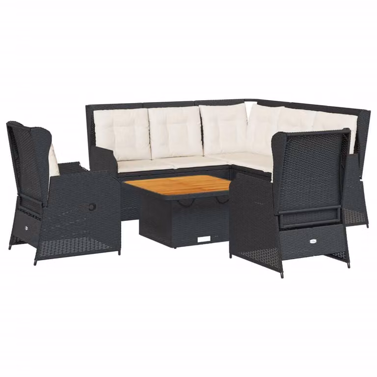 set 6 pezzi da giardino con cuscini in poly rattan nero