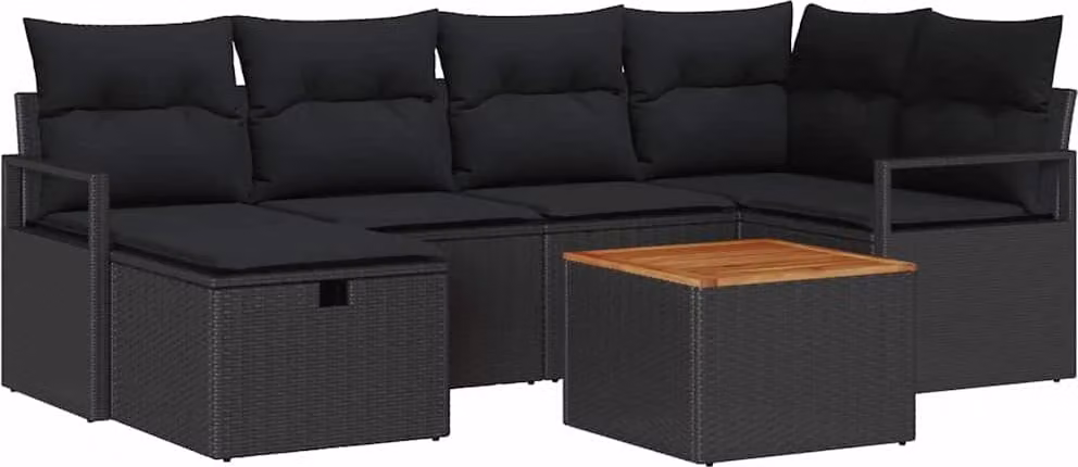 Set Divano da Giardino con cuscino 7 pcs Nero Poly Rattan