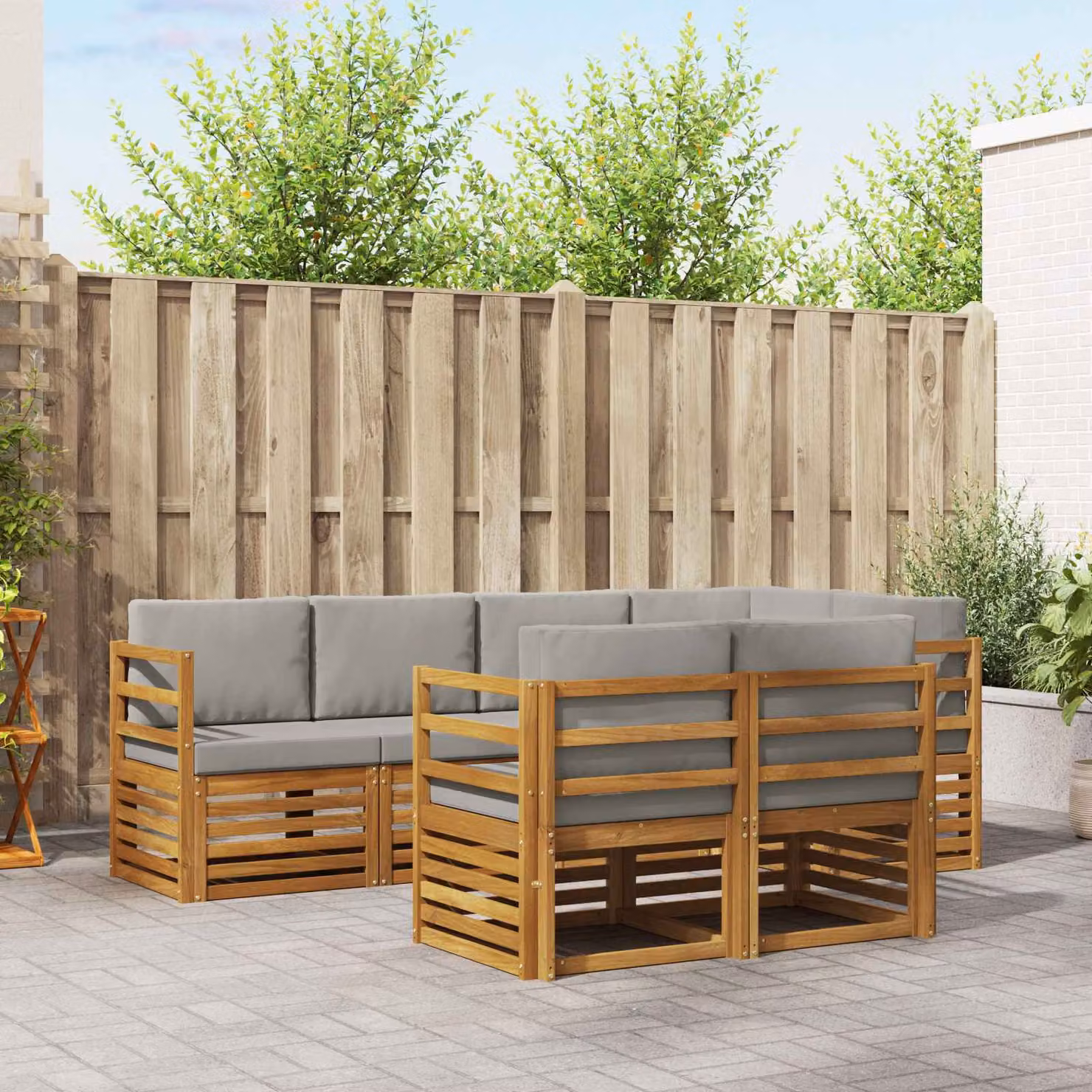Set di divani da esterno vidaXL 7 pz in legno di acacia con cuscini, beige e grigio chiaro