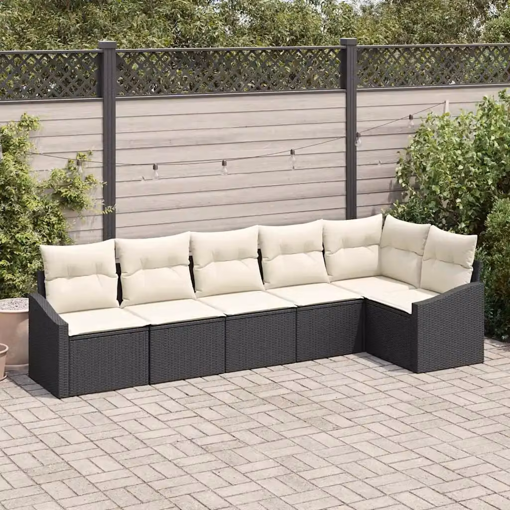 Set di divani da giardino vidaXL a forma di L, 6 pezzi, colore nero, con cuscini inclusi e struttura in metallo e rattan resistente alle intemperie – 1