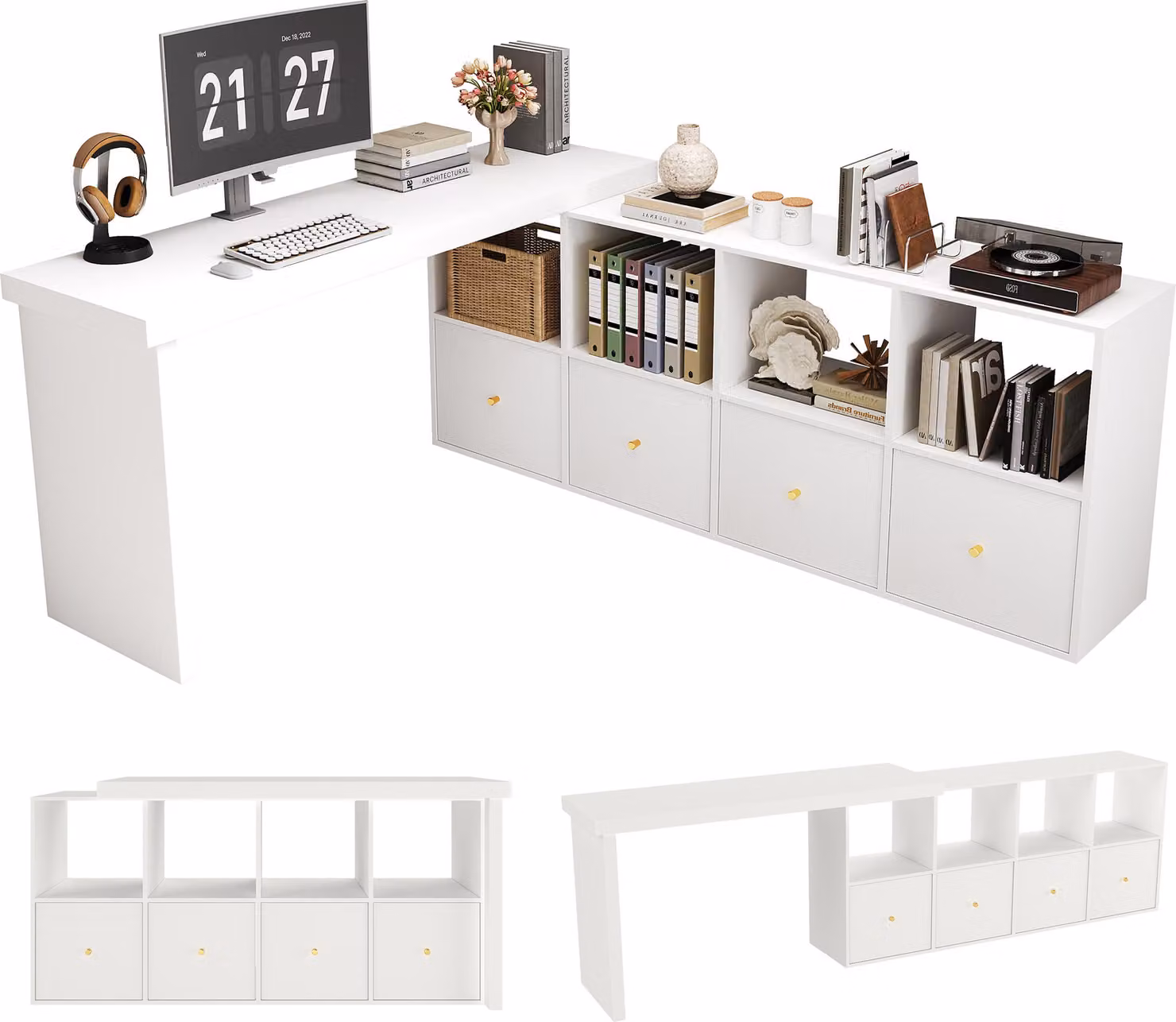 Scrivania angolare AIORBER girevole a 360° con 8 scomparti e 4 cassetti, posizionabile a L o diritta, MDF rinforzato da 4 cm, bianco