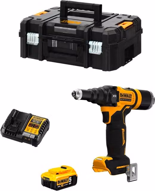 Rivettatrice DeWalt DCF403P1T Gialla con 1 batteria da 5,0 Ah, caricabatterie DCB1104 e sistema TSTAK II
