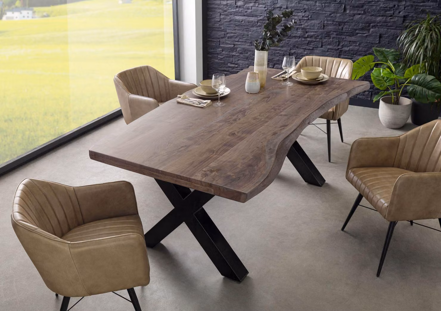 MASSIVMOEBEL24 | Tavolo da pranzo in legno acacia - laccato grigio / ferro X - antracite lucido 200x90x77 FREEFORM 5