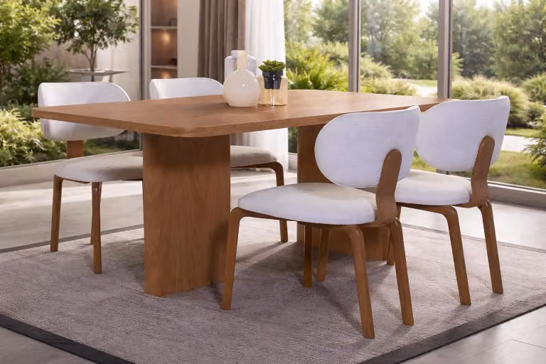 Elegante set da pranzo: esclusivo tavolo da pranzo marrone con 4 sedie imbottite