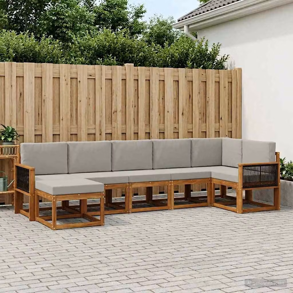 vidaXL Set di divani da esterno a L composto da 7 pezzi in legno di acacia con cuscini beige e grigi