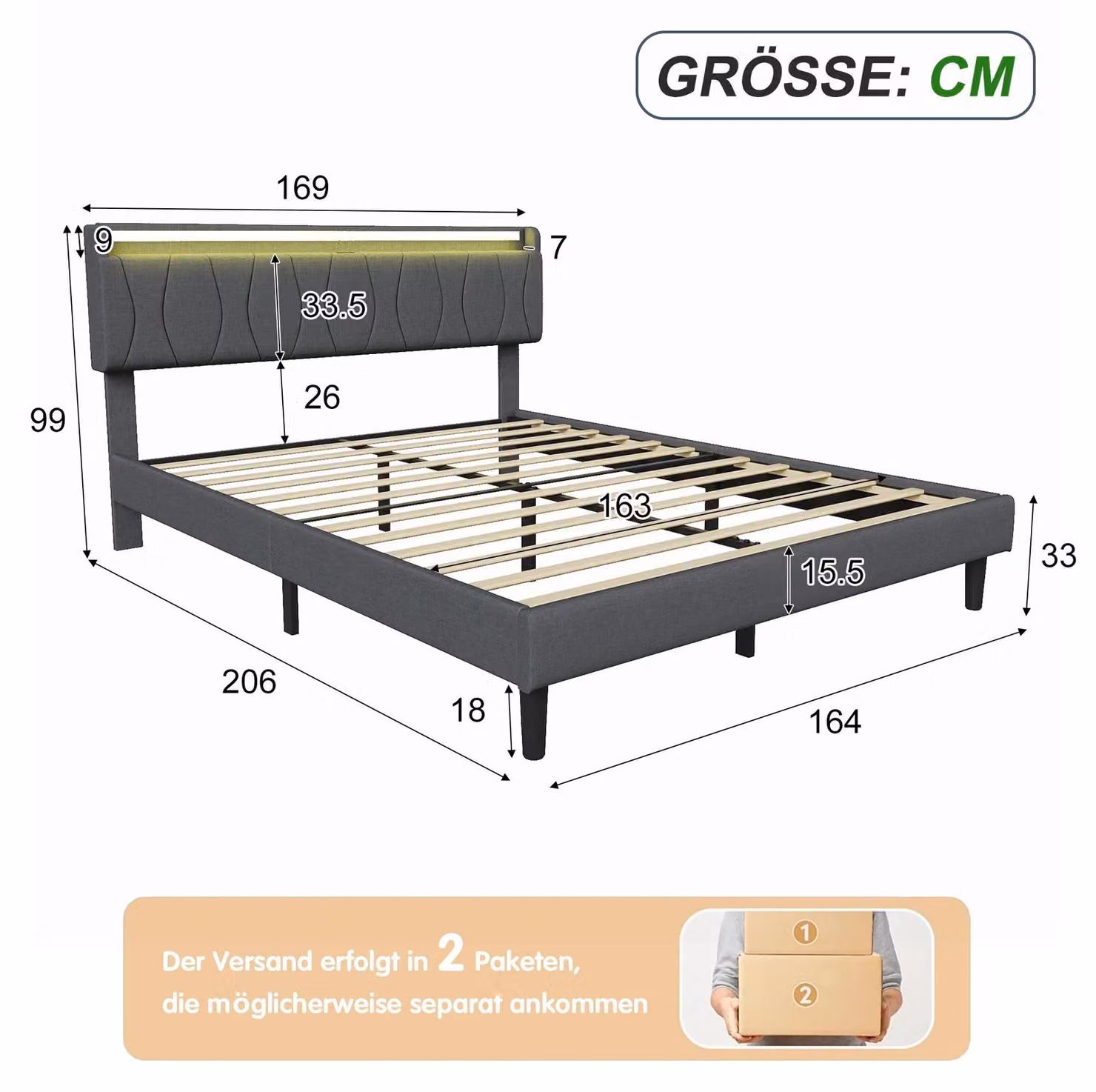 Struttura letto imbottita - Letto imbottito - 160 x 200 cm - Rivestimento in lino - Testiera imbottita - Retino a listelli - Spazio contenitivo - Grigio