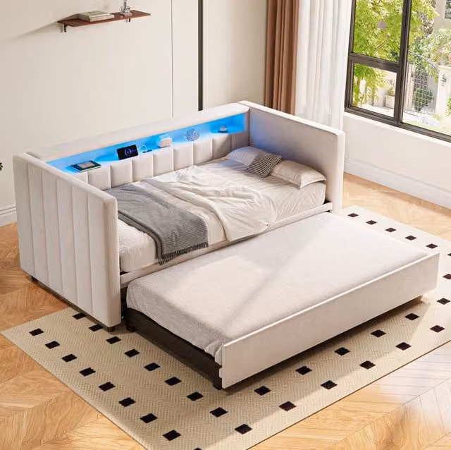 Divano letto estraibile ULEVR 90x190 cm con LED, USB Type-C e rivestimento in velluto beige