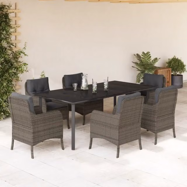 Set da Pranzo da Giardino vidaXL in Polyrattan e Vetro con 7 Pezzi e Cuscini, Grigio e Nero – 1