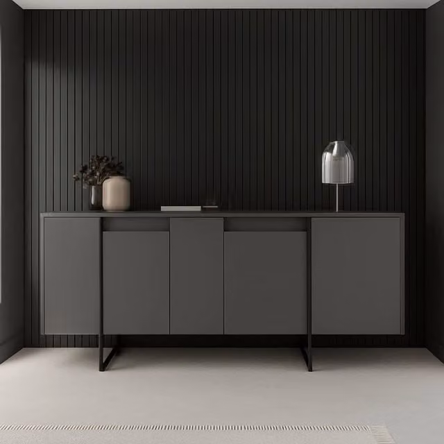 Credenza Arta, Buffet da soggiorno, Madia da salotto, Dispensa da cucina, 160x35h80 cm, Antracite e Nero