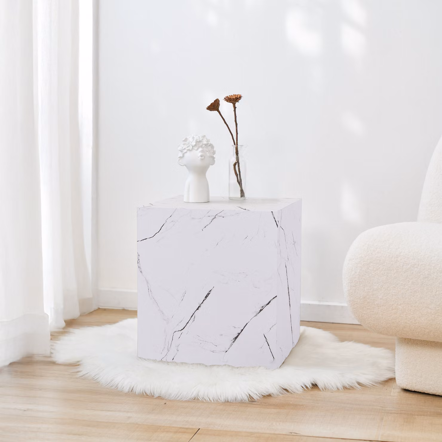Tavolino 'Ellelu' cubo 45 x 40 x 40 cm MDF effetto marmo in bianco