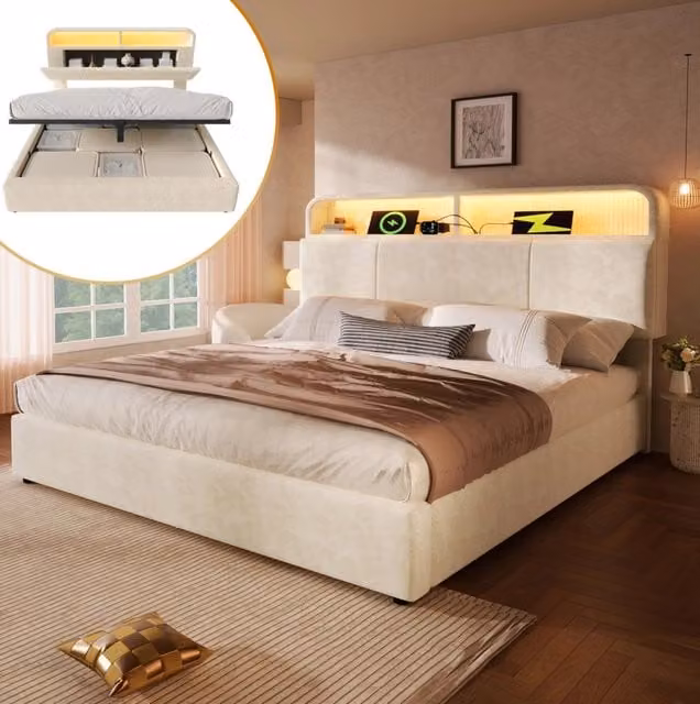 Letto imbottito 140x190 cm con contenitore, testiera regolabile, LED e USB, in velluto beige