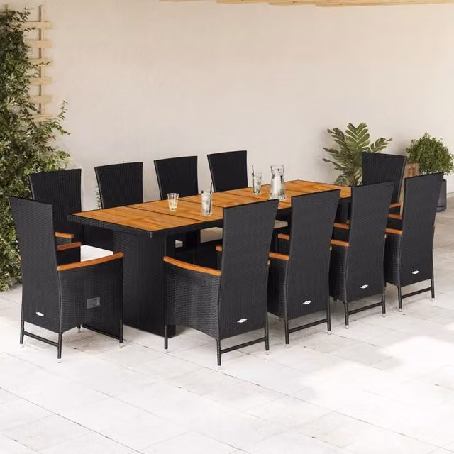 Set da pranzo da giardino vidaXL in legno di acacia oliato e polyrattan nero e bianco, 11 pezzi