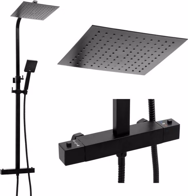 Pannello doccia nero - con doccia a pioggia 25cm - e rubinetto termostatico