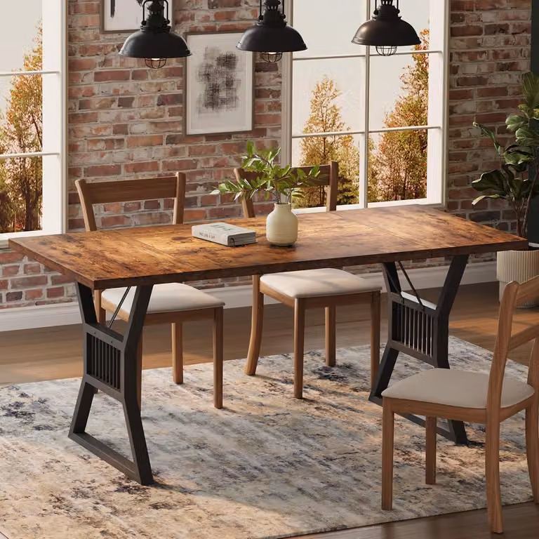 Tavolo da pranzo industriale, rettangolare, 180x75x74 cm, nero, in legno e metallo, per 4-6 persone