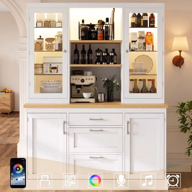 Küchenschrank mit App-gesteuerter LED-Beleuchtung, 185x140x40cm, 3 Schubladen, Arbeitsplatte, verstellbare Böden, Schwarz/Weiß/Grün
