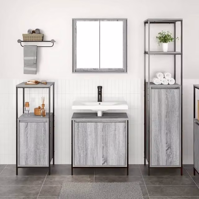 Set di mobili per il bagno moderno vidaXL in legno e metallo, colore grigio e nero, composto da 3 pezzi con vanità e specchio, L/P/H: 165 x 44,35 x 36 cm