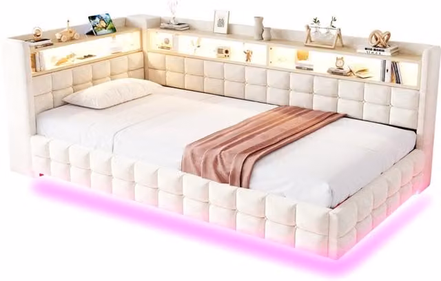 Letto singolo imbottito 90x200 cm con contenitore idraulico; LED e prese; beige