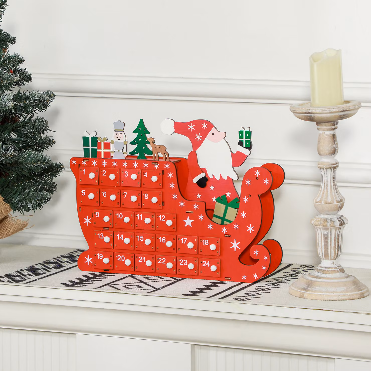 Calendario dell'Avvento HOMCOM in legno con 24 cassetti, decorazione natalizia Babbo Natale e slitta, rosso, L 22,5 cm x P 8 cm x H 36 cm – 2