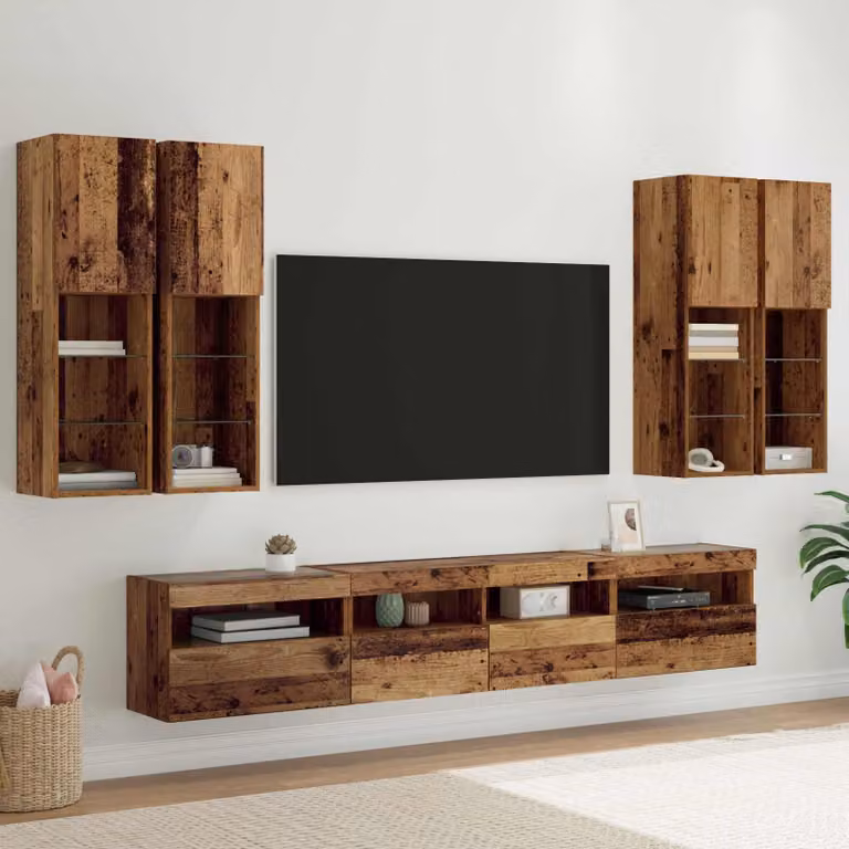 Set Mobile TV a Muro vidaXL in Legno Vecchio con Luci LED Multicolore, 7 Pezzi