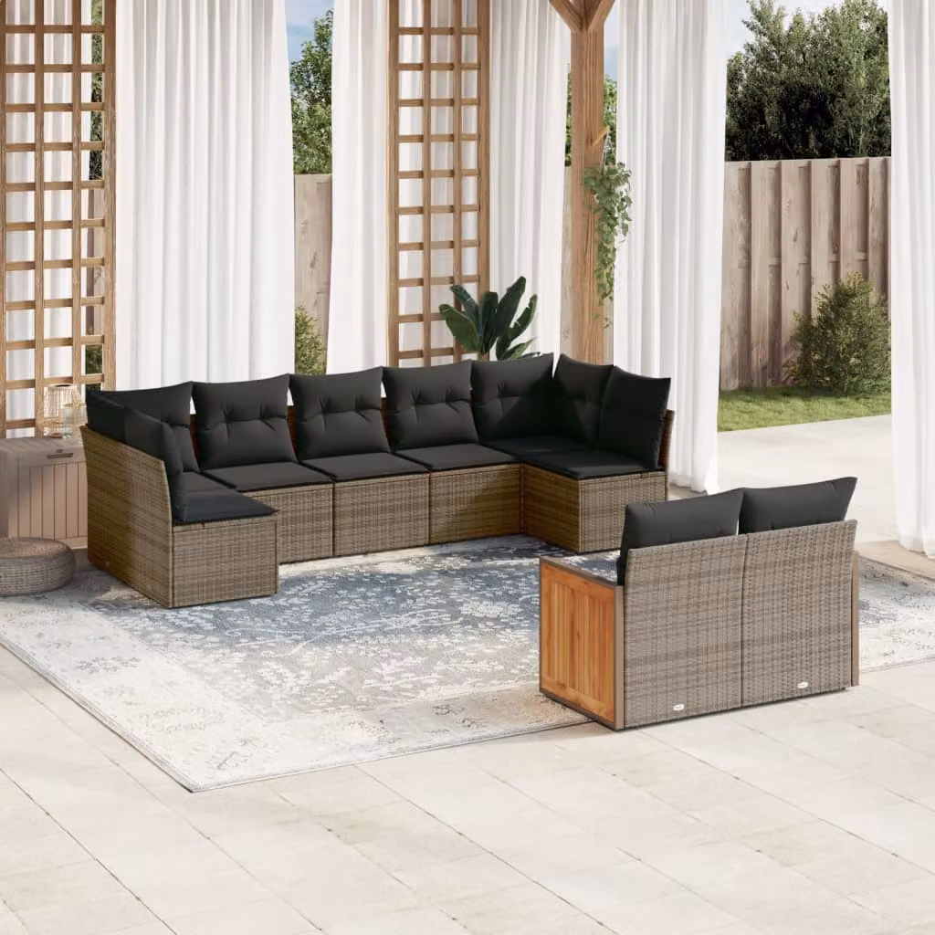 vidaXL Set Divano da Giardino a L 9 pz in Polyrattan e Legno di Acacia con Cuscini Grigio – 1