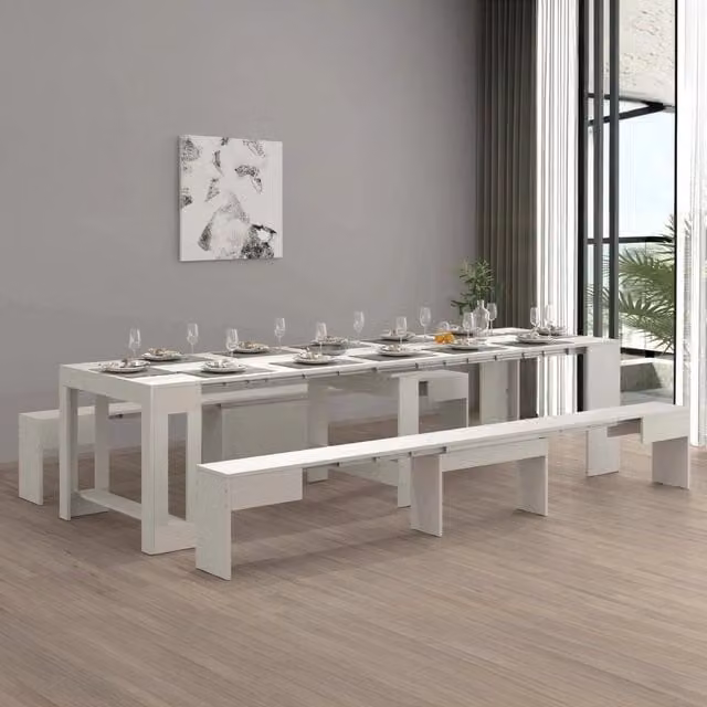 Set tavolo e panche Auditore DMORA Bianco, composizione multiuso con consolle e 2 panche allungabili, L: 66 cm, H: 45 cm