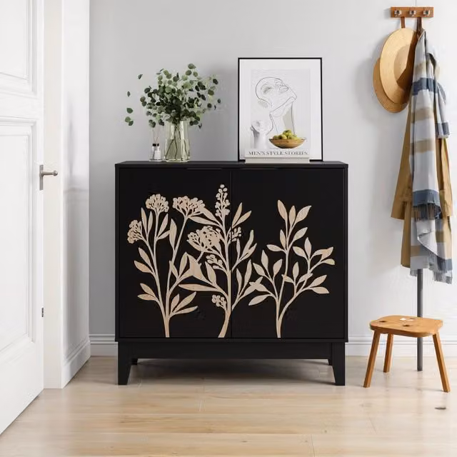 Credenza Vintage MINIMAL in Legno con 2 Ante e Ripiani, Colore Nero, L: 80 cm