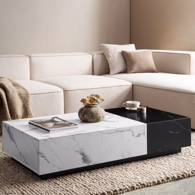 FineBuy, tavolino da caffè 120x60x28 cm, bianco e nero, tavolino da divano con aspetto marmorizzato, moderno, tavolino basso rettangolare con cassetti, tavolino da salotto, con spazio contenitivo