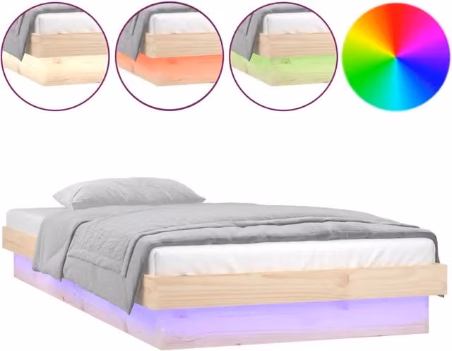 Letto singolo per adulti in legno massello di pino con illuminazione LED e porta di ricarica USB, stile rustico, L/P/H: 200 x 90 x 21 cm – 1