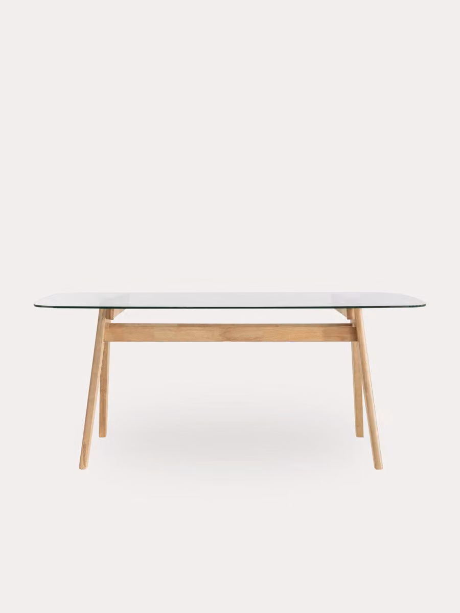Tavolo da pranzo rettangolare moderno Kenay Home con piano in vetro trasparente e legno massiccio L: 180 cm, H: 75 cm – 2
