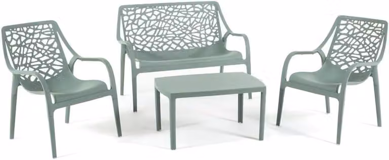 Set di mobili da giardino, ideale per spazi esterni, realizzato in polipropilene con fibra di vetro. Comprende: un divano a 2 posti, 2 sedie e un tavolo. I pezzi sono impilabili, impermeabili e dal design moderno