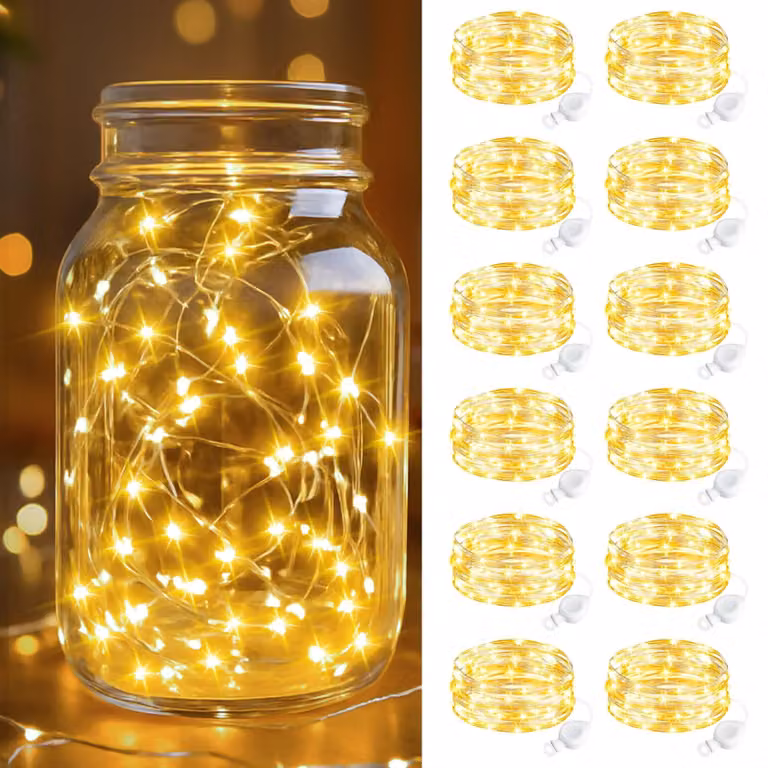 Catena luminosa a LED, set da 12, lunghezza 24 metri, 240 LED, luce bianco caldo, alimentazione a batteria