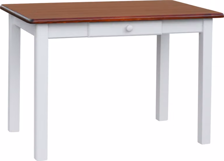 Tavolo bianco con cassetto in legno di pino massiccio con piano in colore Calvados 130 x 70 cm