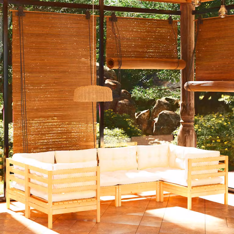 Set Divani da Giardino vidaXL a Forma di L in Legno di Pino con Cuscini Beige e Bianco