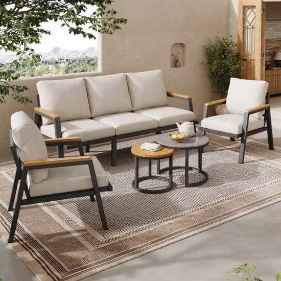Set di mobili da giardino, comoda soluzione salotto composta da una panca a 3 posti, 2 poltrone e 2 tavolini, piano in vetro grigio e plastica effetto legno, acciaio zincato, grigio