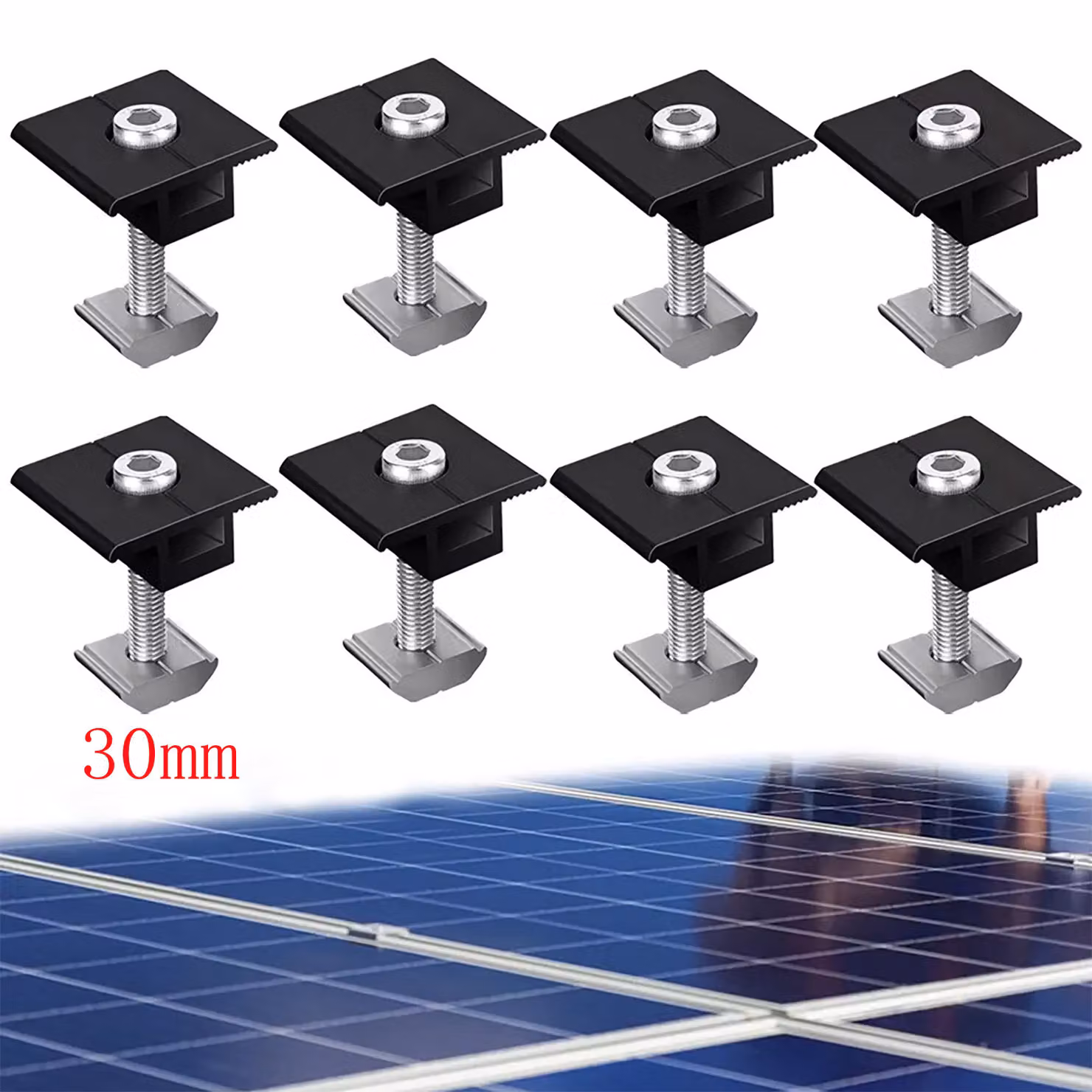 8 pezzi Staffa per pannelli solari morsetto centrale 30mm nero - Staffa per pannelli solari, morsetto centrale a T fotovoltaico per pannelli solari di 30 mm di spessore