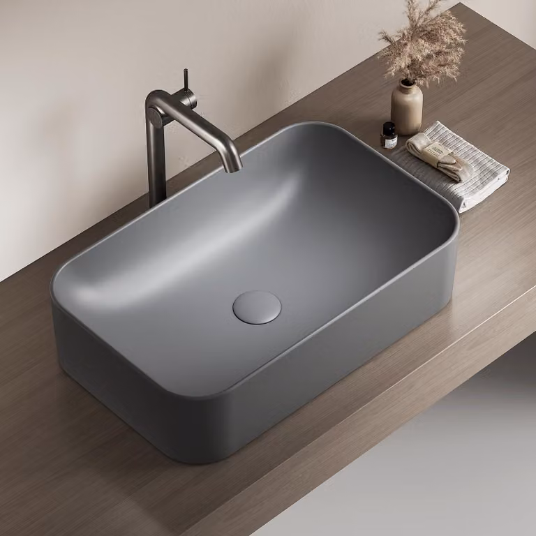 Lavabo da appoggio rettangolare, dimensioni 61x38x15 cm, in Vetroceramica, finitura opaca grigio scuro