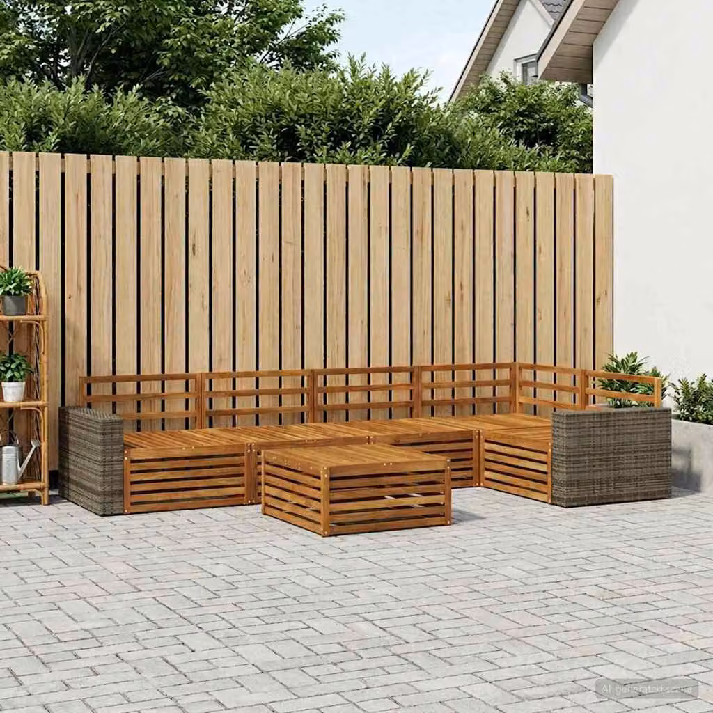 vidaXL Set di divani da esterno a L composto da 6 pezzi in legno di acacia massello marrone con cuscini inclusi