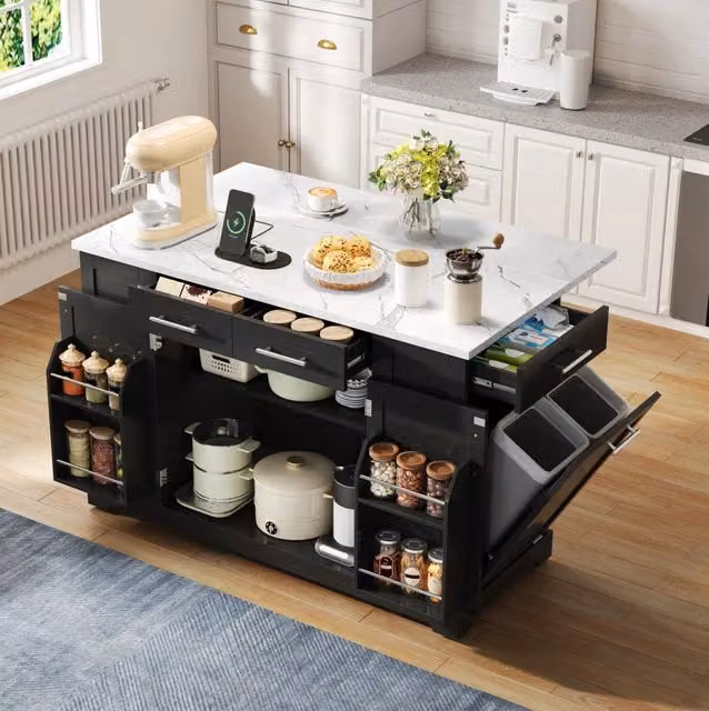 Isola cucina mobile in MDF nero; piano pieghevole; presa UE; USB; Type-C e vano rifiuti