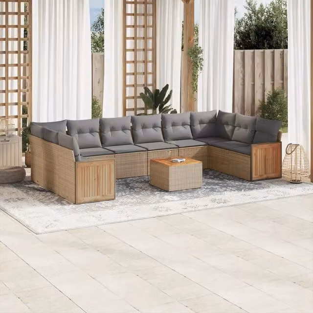 vidaXL Set Divani da Giardino 11 pz a Forma a U in Polyrattan con Cuscini Beige e Grigio