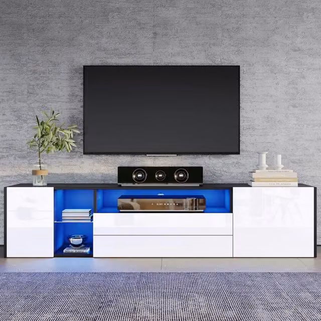 Mobile TV moderno WISHDOR con illuminazione LED integrata, finitura lucida, nero e bianco, L/P/H: 180 x 40 x 45 cm