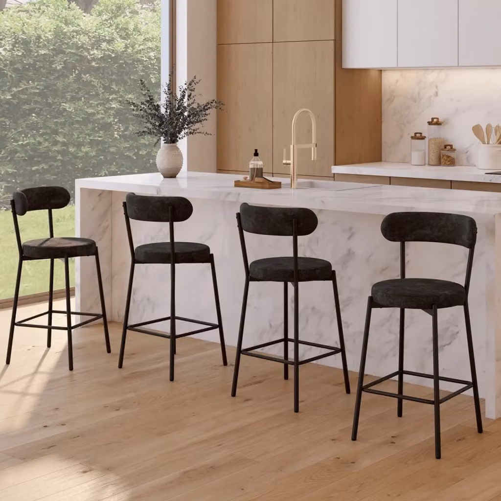 Set di 4 sgabelli da bar MIKI IDMarket con schienale curvo in tessuto chenille nero e gambe in metallo nero – 2