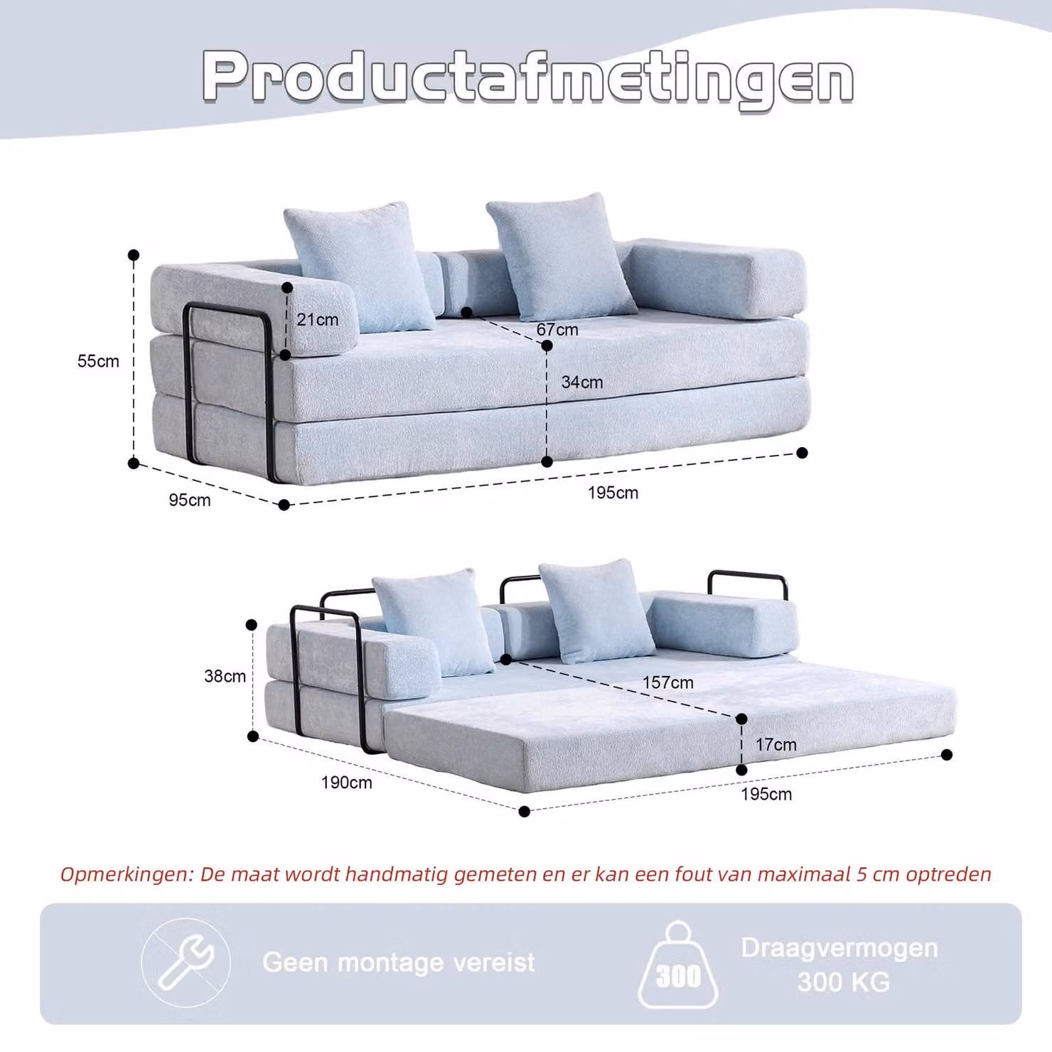 Divano letto - 2 in 1, divano da pavimento pieghevole - Rivestimento in chenille - Stile moderno - Struttura in metallo - Ideale per il soggiorno - Azzurro chiaro