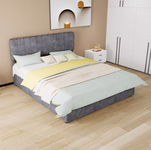 Letto imbottito moderno 160x200 cm con testiera morbida grigia e contenitore alto, materasso incluso