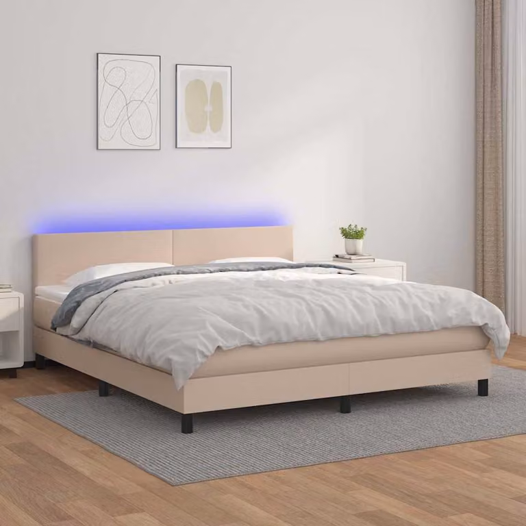 Letto matrimoniale ibrido vidaXL con giroletto a molle, illuminazione LED e porta USB, rivestimento in similpelle color cappuccino, L: 160 cm, P: 200 cm