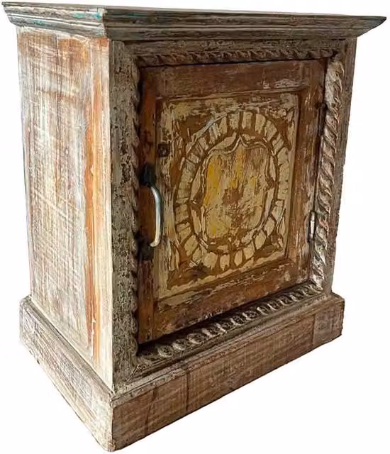 Comodino in legno con finitura artigianale marrone, 54x29x57h cm