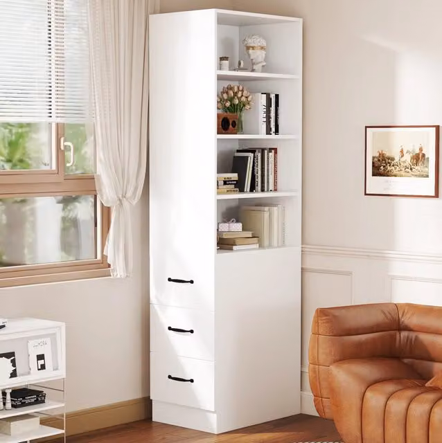 Libreria alta ULEVR 60x38x180 cm con 3 cassetti laterali e 4 vani aperti regolabili, bianca
