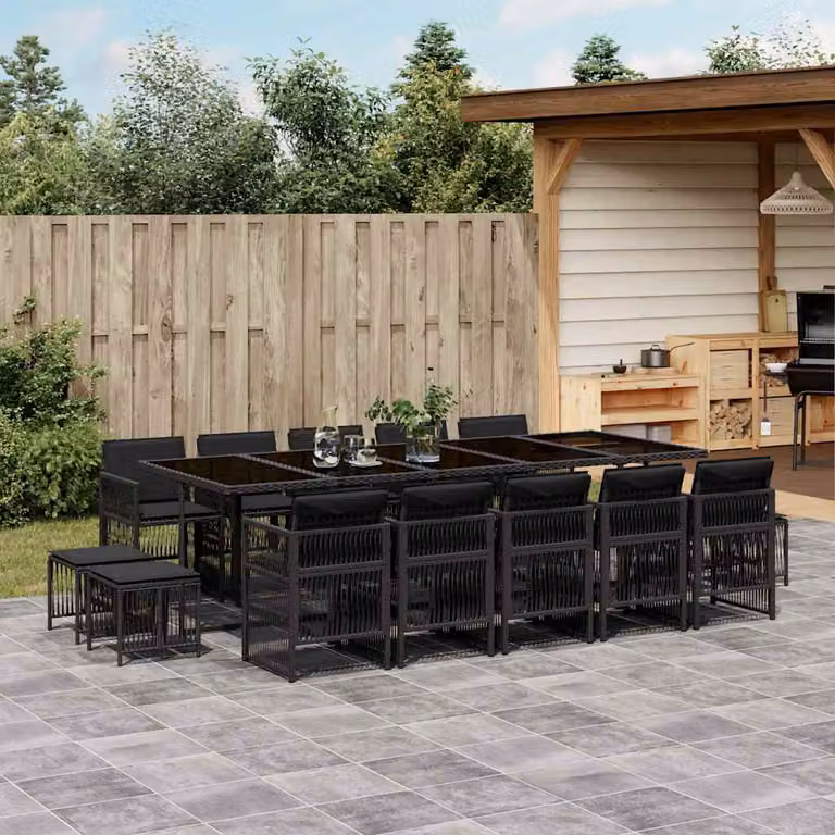 vidaXL Set da Pranzo da Giardino 15 pz in Polyrattan Nero con Cuscini e Tavolo in Vetro