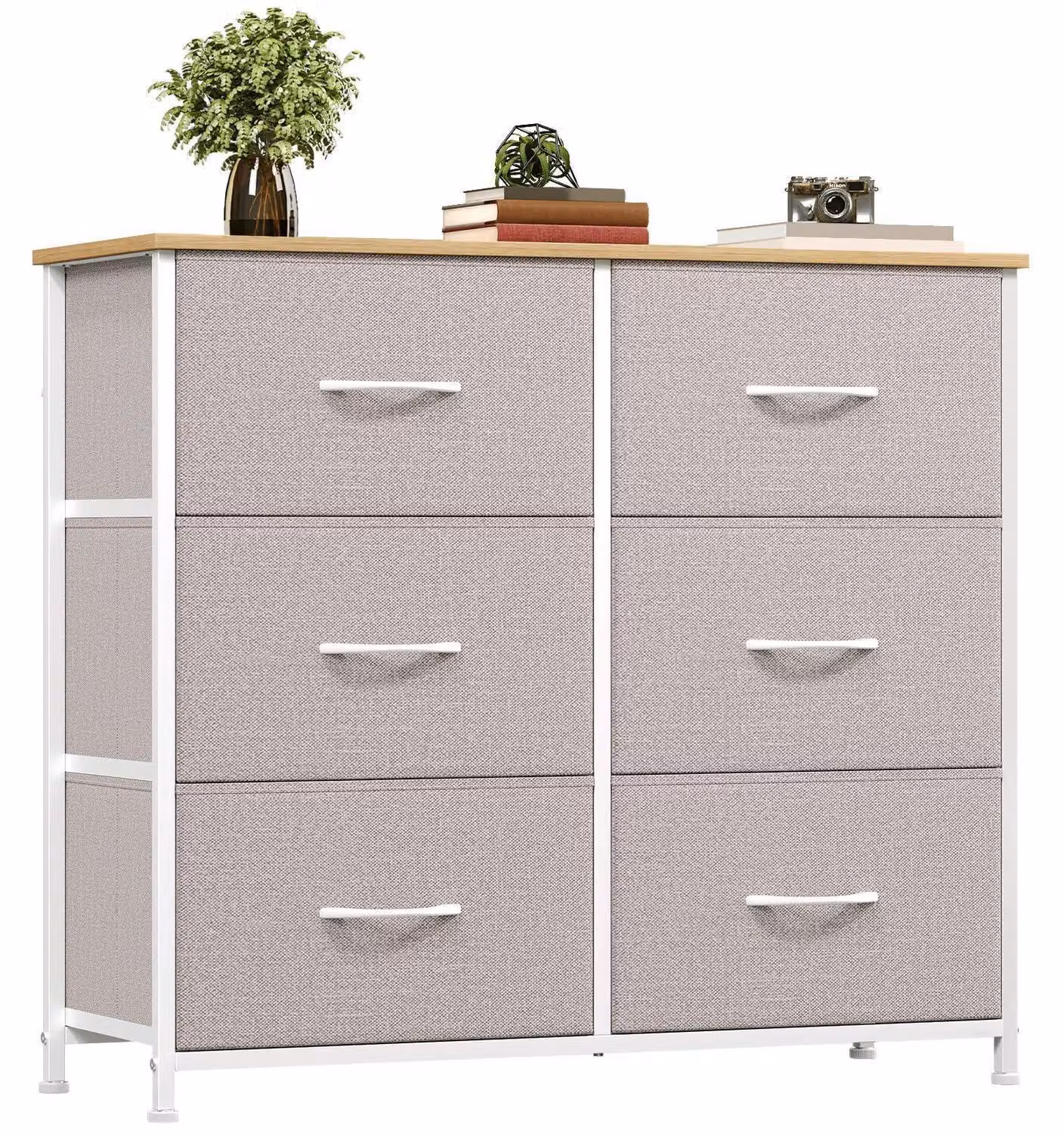 Comodino con 6 cassetti rivestiti in tessuto, colore grigio cenere, dimensioni 80x71,5x30 cm