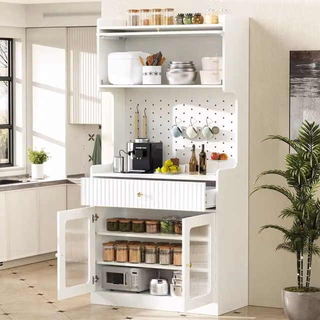 Credenza da cucina MIVRAY bianca con cassetto, ripiani regolabili, pannello forato e illuminazione LED in MDF, L 80 cm x P 40 cm x H 180 cm