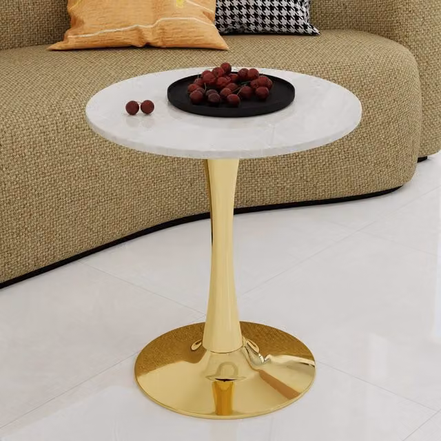 Tavolino rotondo moderno WISHDOR in marmo artificiale bianco e oro con finitura lucida
